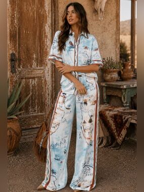 🌟B683. European Style Light Blue Scenic Print Two Piece Set